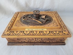 Vtg Reproduction Victorian "Norma’s Sewing Box" Faux Wood Resin, With Tray, Felt