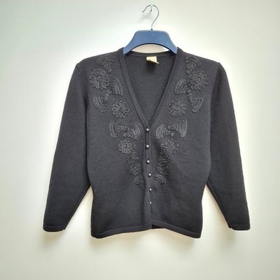 Damen Strickjacke schwarz reine Schurwolle bestickt V-Ausschnitt Knopfleiste Vintage 80er