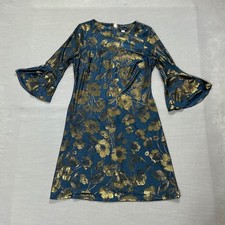 Tommy Hilfiger Teal Gold Metallic Floral Bell Sleeve Jacquard Shift Dress 10