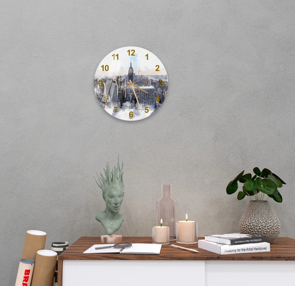 Reloj de pared de vidrio templado de Nueva York arte de pared, regalo contemporáneo para el hogar Foto 2 de 4