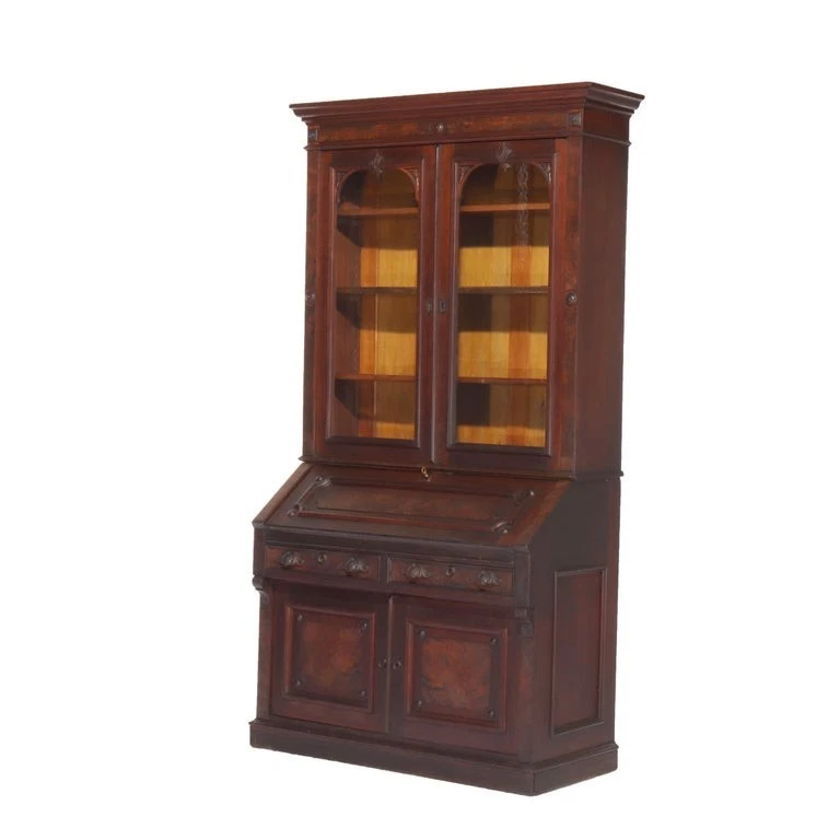 古董文艺复兴核桃和胡桃花秘书桌 C1880 — 第 2/4 张图片