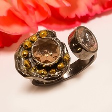 Smokey Quartz Gold Plated Handmade Jewelry Ring s.7.5 T3079