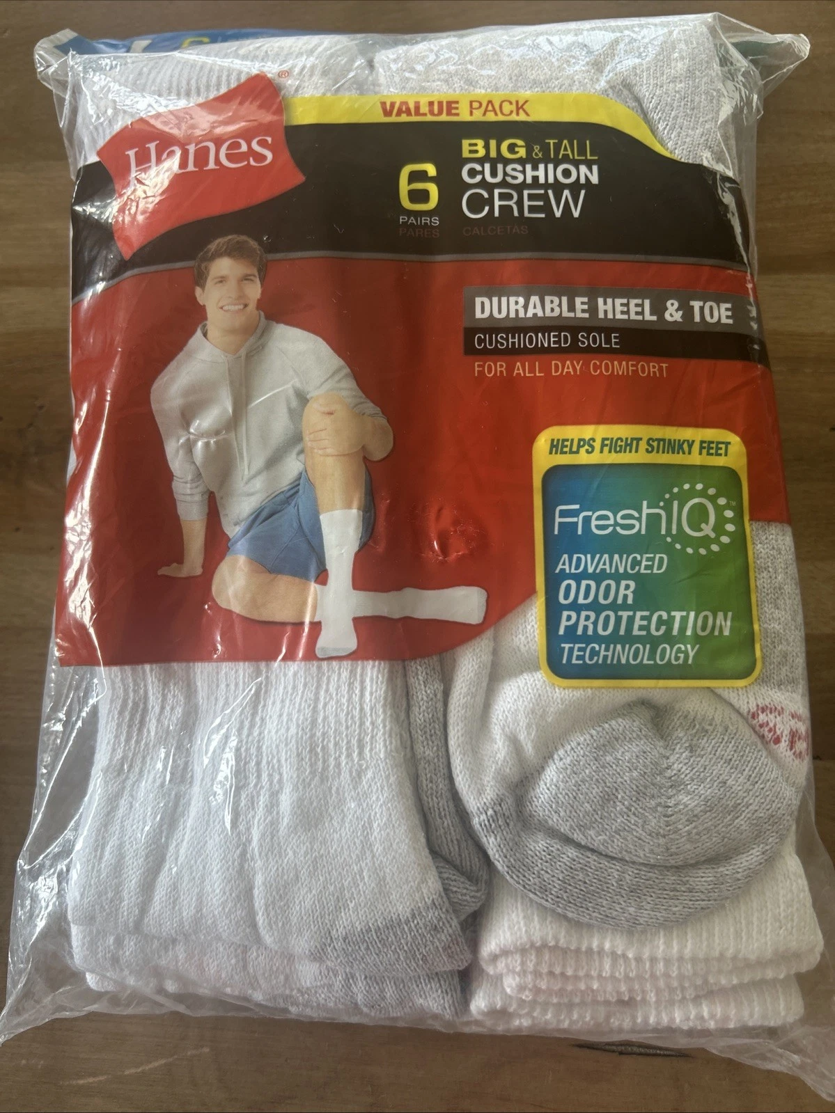 VTG Hanes CUSHION Crew Socks Mens 12-14 WHITE Gray 6 pk NWT~ODOR PROTECTION!