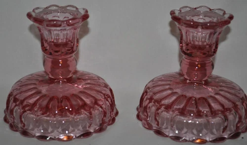 Set 2 Fenton Colonial Pink Glass Thumbprint Reversible Candlestick Candleholders