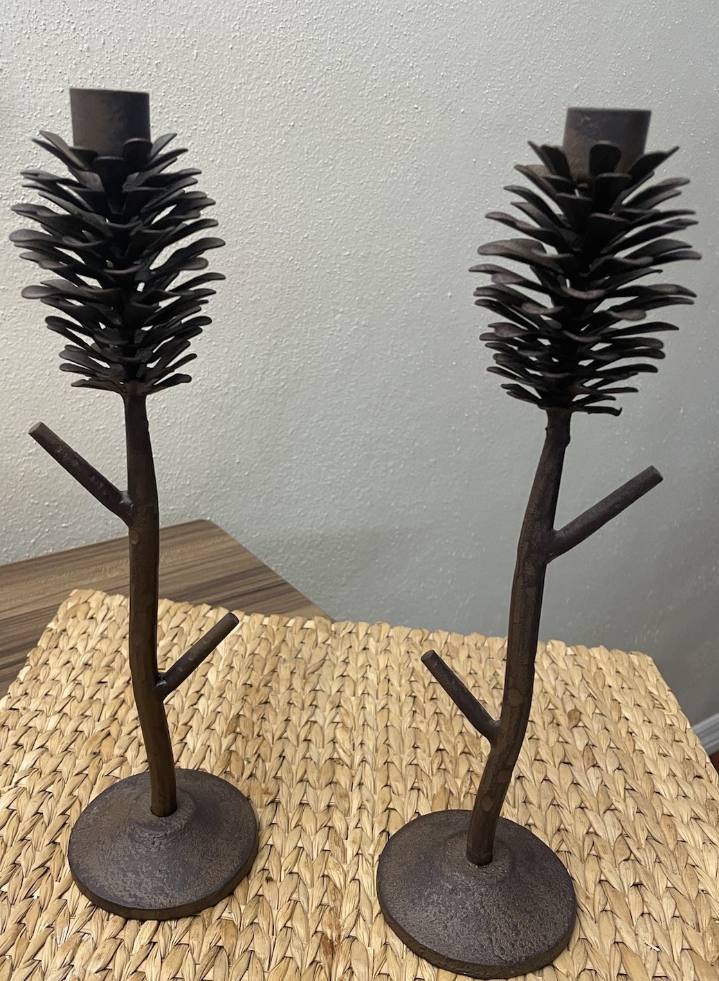Taper Candle Holder Pine Cone Rustic, Iron, Set Of 2