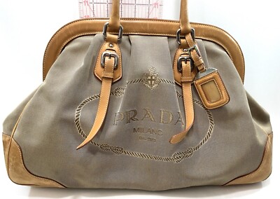 PRADA MILANO DAL 1913 Logo Jacquard Beige Tan Leather Canvas PRADA MILANO DAL 1913 Logo Jacquard Beige Tan Leather Canvas