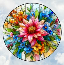 Faux Stained-Glass Flowers WINDOW CLING Size 8" Round Repositionable Vinyl