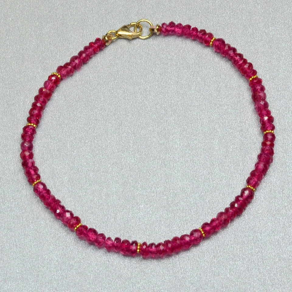 18K Solid Gold Red Spinel Faceted Rondelle Bead Bracelet 7" Length - Image 2 of 4