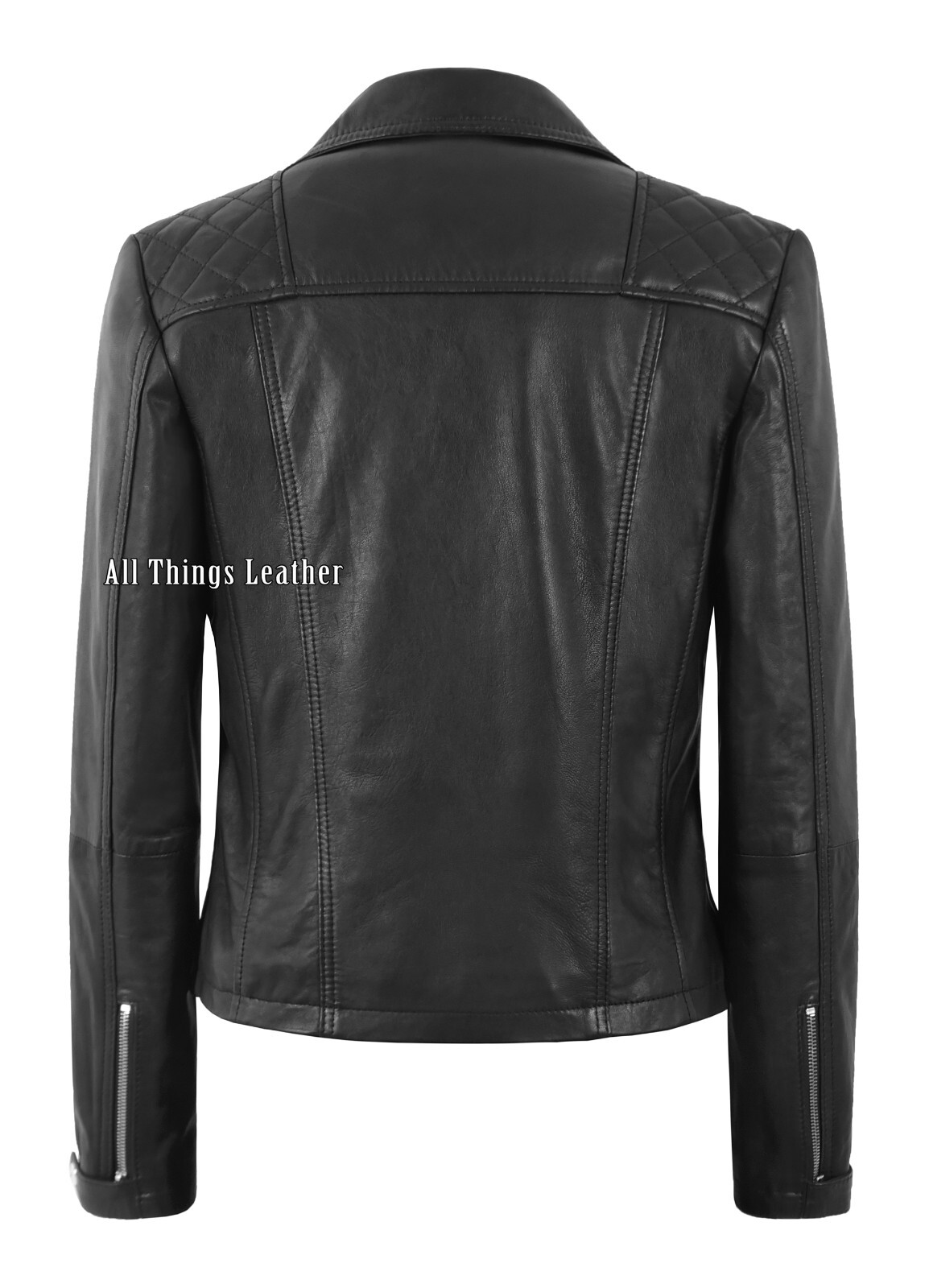 Womens Black Real Leather Jacket Brando Marlon Zipper Fitted Quilted