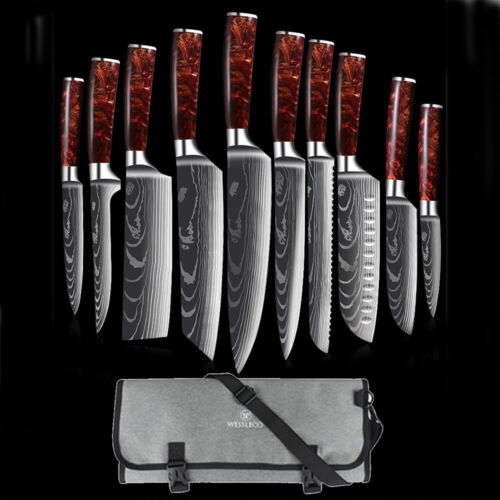 12PC Red Japanese Kitchen Knives Laser Damascus Pattern Chef Knife Set - Picture 16 of 20