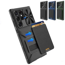 For Samsung Galaxy S24 Ultra S23+ Card Wallet Case with Slide Camera Protector