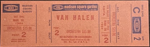 VINTAGE VAN HALEN 1984 TOUR UNUSED MSG CONCERT TICKET-EDDIE & DAVID LEE ...