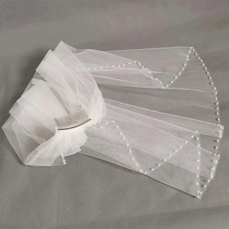 Velo de boda marfil perlas yema de dedo velo de boda velos de novia con peine de metal Foto 2 de 4