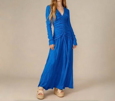 NWOT Farm Rio V Neckline Ruched Blue Maxi Dress Long Sleeves Size M