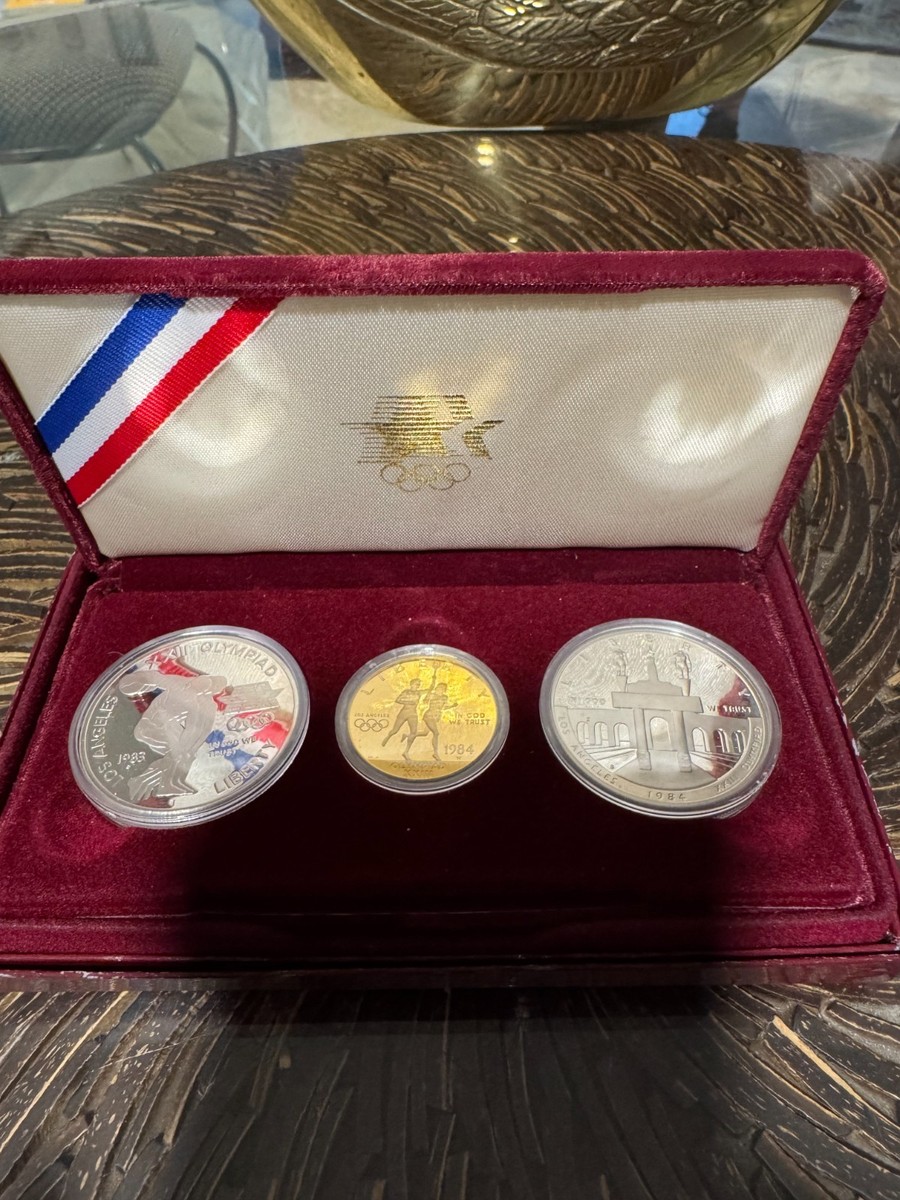 1983 1984 US Mint Olympic 3 Coin Proof Set! $10 Gold & Two Silver
