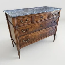 ANTIQUE FRENCH LOUIS XVI MARBLE-TOP MAHOGANY COMMODE CHEST OF 3 DRAWERS