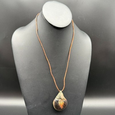 Boho Seed Pod Amulet Necklace w/ Feather & Orange Stone on Leather   10'', 1.75''