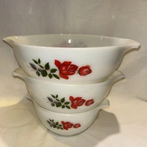 Vintage JAJ Pyrex June Rose Cinderella Milk Glass Nesting Bowls Set of 3 pcs