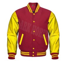 Varsity Letterman Maroon&Yellow Cowhide Leather Bomber College Baseball  Jacket
