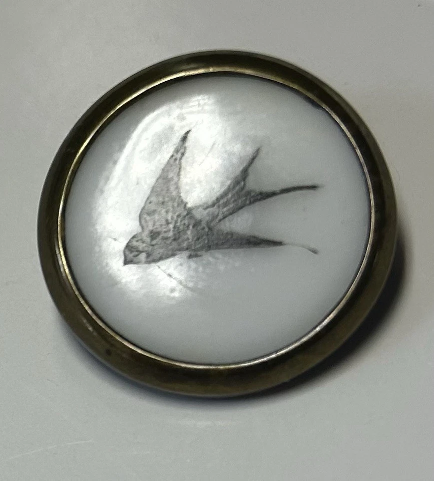 Antique Swallow Bird Button On White W Paris Ceramic Back Mark Mounted In Brass - Image 3 of 4