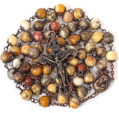 Yellow Jasper Natural Stone Rosary Beads Necklace Holy Soil & Cross Crucifix
