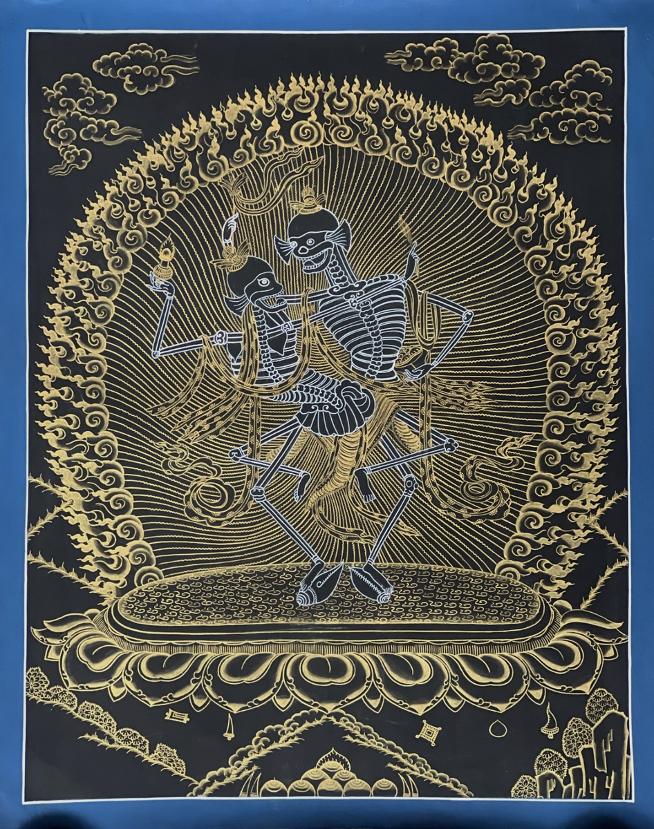 CITIPATI- DANCING SKELETON ORIGINAL BLACK AND GOLD TIBETAN THANGKA