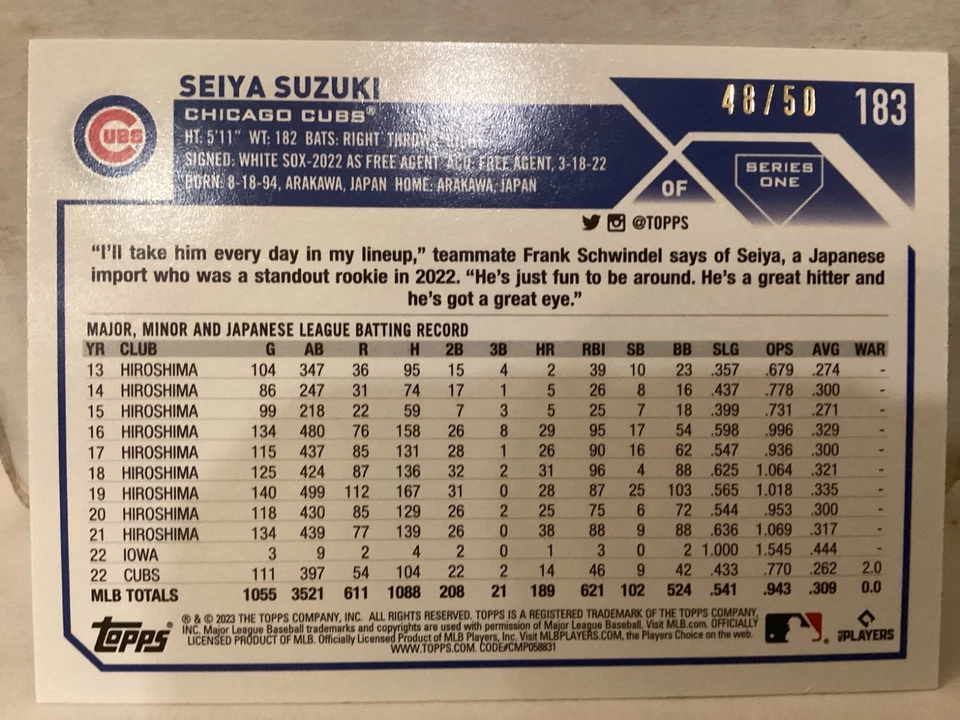 2023 Topps Series 1 1st Edition Red Foil Seiya Suzuki  /50 #183 - Image 2 of 3