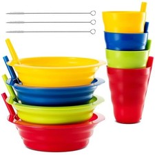 Cereal Bowls with Straws  Kids Straw Cups - Set of 4 Kids Plastic Bowls with...