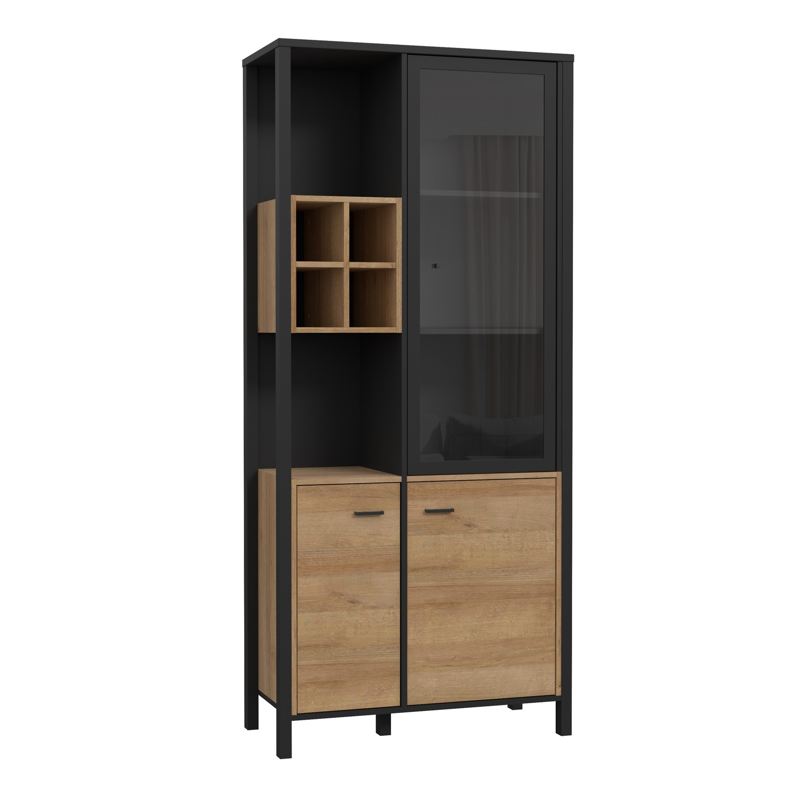 Tall Display Cabinet with Glass Doors & Shelves - Oak & Black Industrial