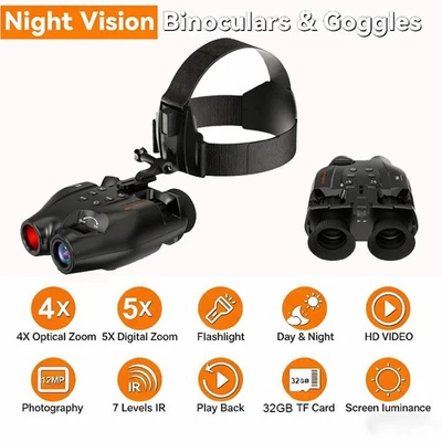 UK Head-Mounted Night Vision Goggles 12MP 1080p Infrared Binoculars for Hunting - Image 1 of 4