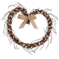 Set of 2 Grapevine Heart 11" Wreaths with White Pip Berries and Burlap Bow