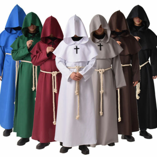 Medieval Monk Hooded Robe Cloak Halloween Fancy Dress Priest Cosplay Costume - Afbeelding 1 van 17