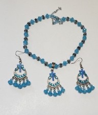 Handmade Blue Crystal Rhinestones Beaded Cross Necklace Earrings Set