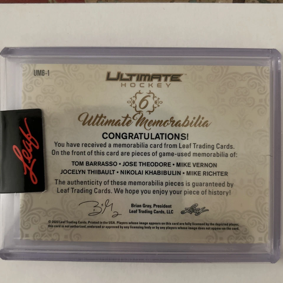 2023 Leaf Ultimate Hockey Game Used 6 Patch /25 BARRASSO VERNON THIBAULR RICHTER - Image 2 of 2