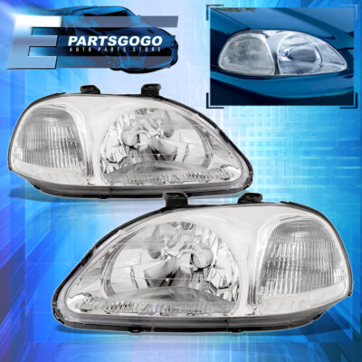 For 96-98 Honda Civic EK EJ EM Chrome Housing Headlights Lamp W/ Clear Reflector