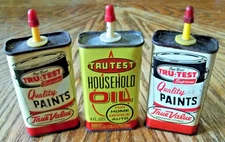 3 VINTAGE TRU-TEST OIL CANS / TINS - 2 Empty & 1 Almost Full