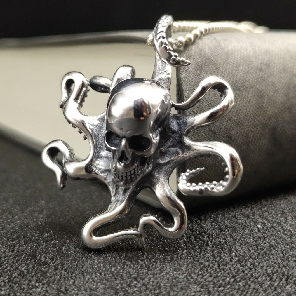 Men Pendant Octopus Kraken with Skull 925 Sterling Silver