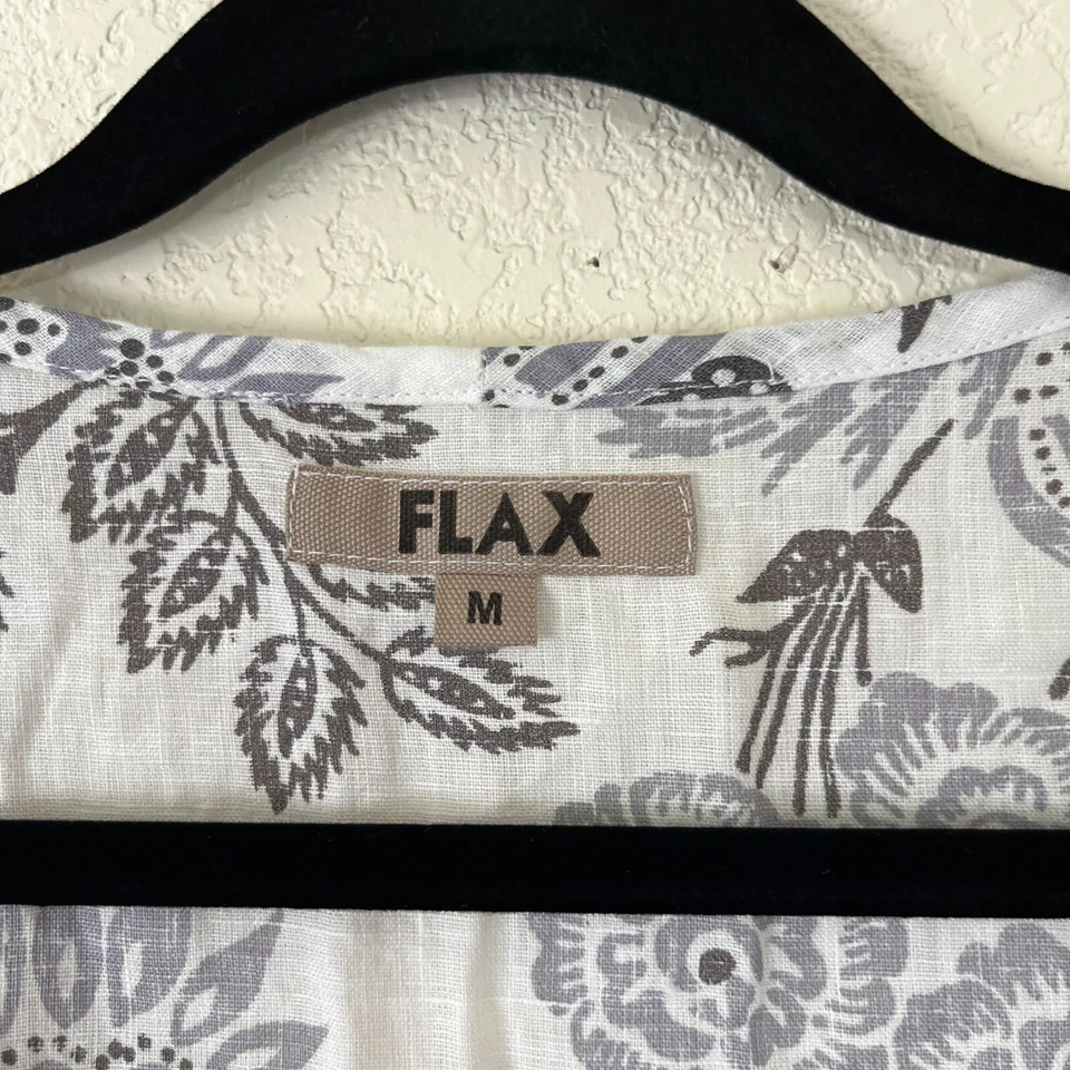 FLAX Top Women's Linen Tucked Tunic Blouse Medium White Gray Floral 3/4 Sleeve - Image 3 of 4