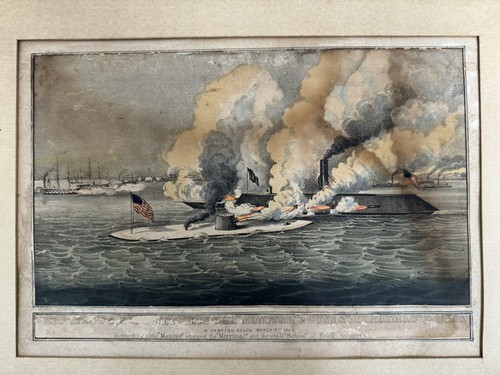 1862 Currier & Ives Civil War Lithograph ‘Monitor & Merrimac’ Ironclad Battle - Picture 3 of 14