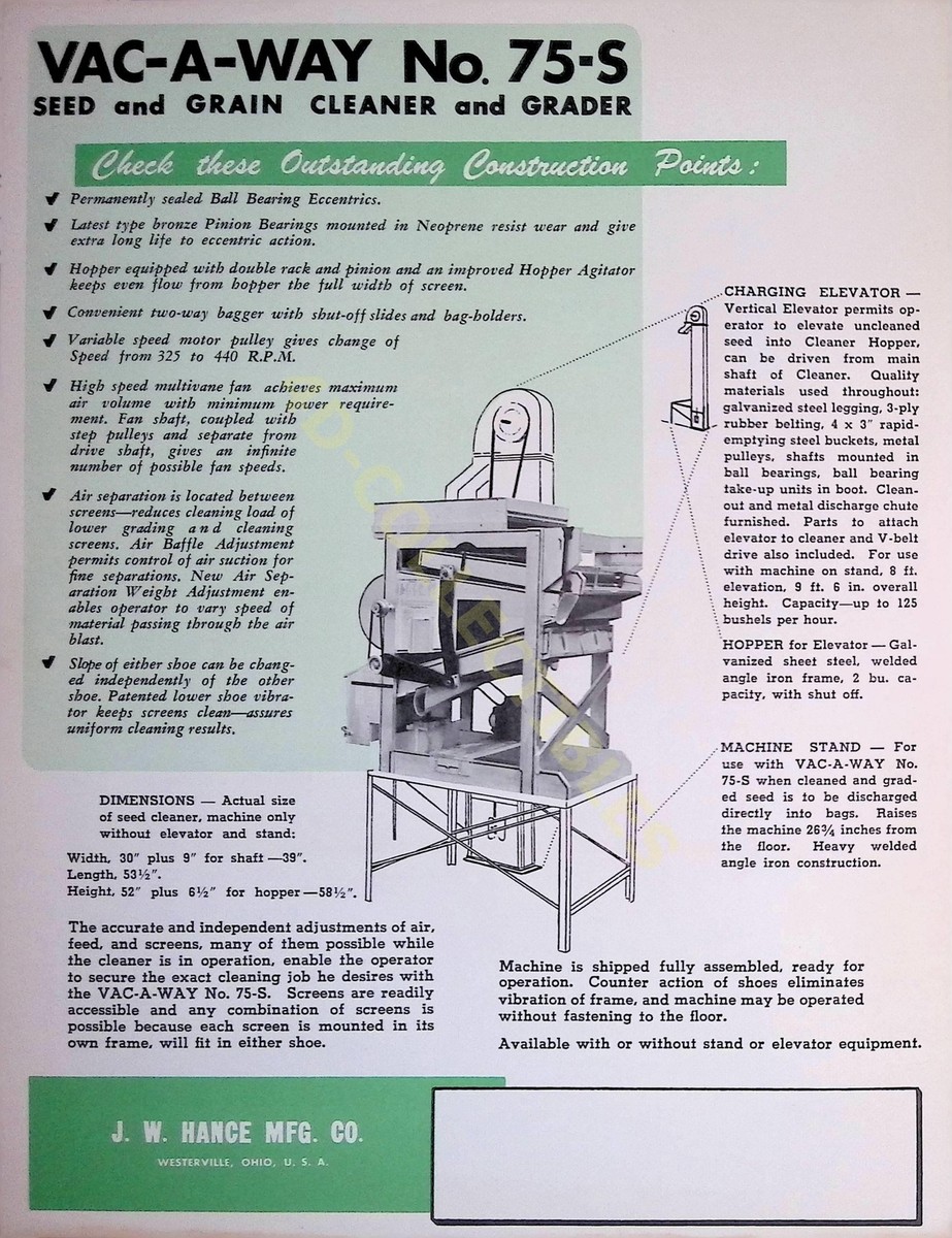Vintage Farm Brochure Spec Sheet Seed Grain Cleaner Grader Vac-A