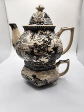 Tea for One Teapot and Cup Black Toile Small Chip on Spout For Decor