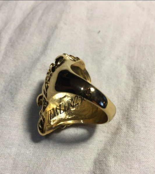 Alternate view of Solid Men's Angry Wolf Face Ring 14k Yellow Gold Plated Silver Free Stud