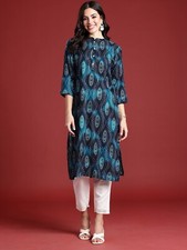 Indian Women Blue Bandhani Rayon Printed Kurta Kurti Top Tunic Straight Dress