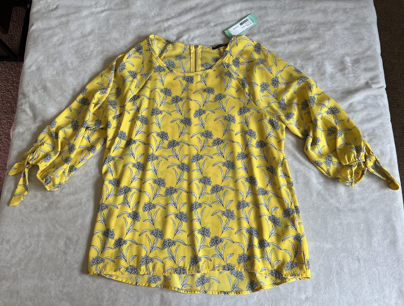 New PaperMoon M Yellow Larie Tie Sleeve Blouse Zipper Back Black/White Floral