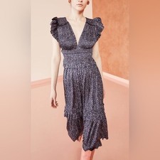 Ulla Johnson Jolee Midi Dress Sz 0 Black Pink Ruffle Plisse Boho Chic Flowy Sexy