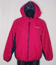 Eddie Bauer Girls Reversible Nylon Fleece Jacket Hooded Pink Navy Floral Sz M