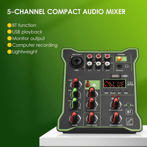 5 Channel Audio Mixer USB Interface 48V Phantom Power Reverb Bluetooth for DJ - Picture 3 of 10