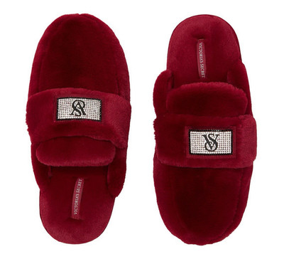 Victoria's Secret Luxe Plush Shine Patch Slide Faux Fur Slippers Burgundy S M L