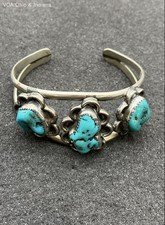 Vintage Nickel Silver Tone Cuff Bracelet Stone Southwestern Style w Blue Stones