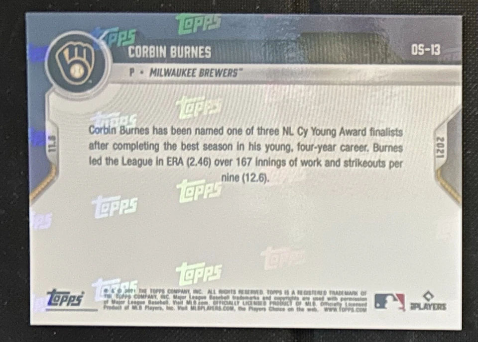 2021 Topps Now Off-Season Blue /49 Corbin Burnes #OS-13 (Cy Young Finalist) - Image 2 of 2